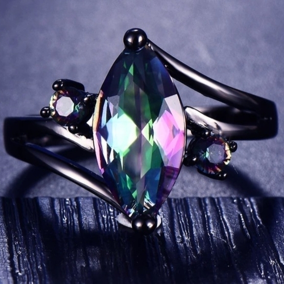 Women Marquise Cut Rainbow, Ring 14KT Black Gold - Picture 5 of 5